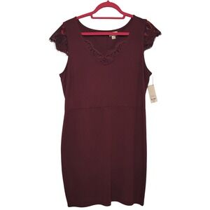 NWT, DECREE Women's Burgundy Sheath V-Neck Lace Sleeve Dress XL‎